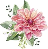 blumenstrauß mit rosa chrysanthemenblume und grünen pflanzen aquarellillustration, handgemalt. vektor