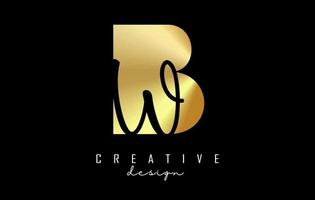 goldenes bw-logo mit minimalistischem design und negativem raum. buchstaben b und w mit geometrischer und handschriftlicher typografie. vektor