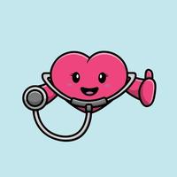 sött hjärta håller stetoskop tecknad vektor ikonillustration. frisk maskot karaktär. hälsa och medicinsk ikon koncept vit isolerade. platt tecknad stil