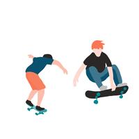 Snygg skridskoåkare i jeans och sneakers. Skateboard. Vektor illustration för ett vykort eller en affisch, skriv ut för kläder. Gata kulturer.