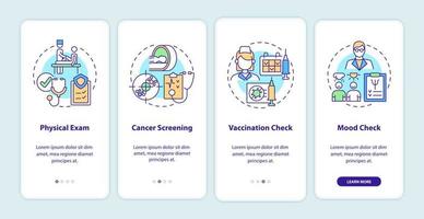 Komponenten der körperlichen Untersuchung beim Onboarding auf der Seite der mobilen App. Walkthrough für das Gesundheitswesen 4 Schritte, grafische Anweisungen mit Konzepten. ui, ux, gui-vektorvorlage mit linearen farbillustrationen vektor