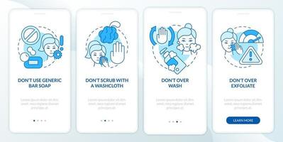 Skincare Donts Blue Onboarding-Bildschirm der mobilen App. Pflegehinweise Walkthrough 4 Schritte grafische Anleitungsseiten mit linearen Konzepten. ui, ux, gui-Vorlage. Unzählige pro-fette, normale Schriftarten werden verwendet vektor