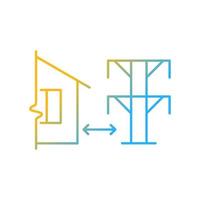 Abstand vom linearen Vektorsymbol für den Gradienten der elektrischen Leitungen. Zwischenraum zwischen Gebäude und Stromversorgungsanlagen. Farbsymbol mit dünner Linie. Piktogramm im modernen Stil. Vektor isoliert Umrisszeichnung