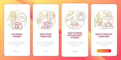 escape room säkerhetsåtgärder röd lutning onboarding mobil app skärm. genomgång 4-stegs grafiska instruktionerssidor med linjära koncept. ui, ux, gui mall. otaliga pro-fet, vanliga typsnitt som används vektor