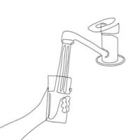 hand som håller ett glas. vatten rinner ur kranen. handritad illustration. linjekonst. vektor