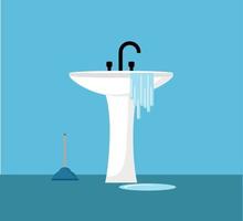 Verstopfung des Rohres. Waschbecken in Bad und Küche. kaputtes Abwassersystem. blaues Waschbecken. Sanitär- und Sanitärkeramik. vektor