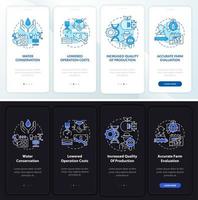 Intelligente Landwirtschaftsprofis im Nacht- und Tagmodus beim Onboarding des Bildschirms der mobilen App. Komplettlösung 4 Schritte grafische Anleitungsseiten mit linearen Konzepten. ui, ux, gui-Vorlage. Unzählige pro-fette, normale Schriftarten werden verwendet vektor