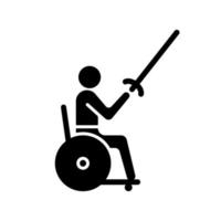Rollstuhlfechten schwarzes Glyphen-Symbol. individuellen Leistungssport. intensive und dynamische Kampfleistung. Behinderter Sportler. Schattenbildsymbol auf Leerraum. vektor isolierte illustration