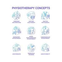 physiotherapie gradient blaue konzeptsymbole gesetzt. trainieren und dehnen. Wärme- und Kältetherapie. therapeut behandlungsidee dünne linienillustrationen. Vektor isolierte Umrisszeichnungen