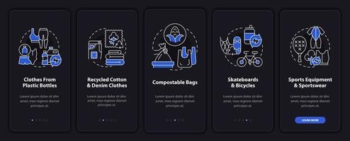 återvunna produkter på skärmen för mobilappar. trender för avfallsåtervinning genomgång 5 steg grafiska instruktioner med koncept. ui, ux, gui vektormall med linjära nattlägesillustrationer vektor