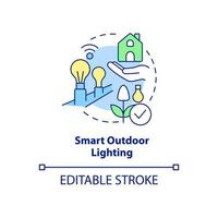 Symbol für intelligentes Außenbeleuchtungskonzept. garteninnovation abstrakte idee dünne linie illustration. Verwendung intelligenter Glühbirnen im Freien. isolierte Umrisszeichnung. editierbarer Strich. Arial, unzählige pro-fette Schriftarten verwendet vektor