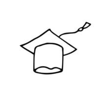 Abschlusskappe handgezeichnete Ikone. Vektor quadratische akademische Kappe im Doodle-Stil. Illustration des Graduierungshutes lokalisiert auf weißem Hintergrund