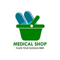 medizinische Shop-Logo-Design-Vorlage Illustration. dort Korb und Kapsel. Dies ist gut für Medizin, Lieferung, Online, Apotheke, Industrie usw vektor