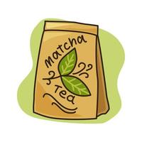 Verpackung mit Matcha-Tee auf weißem, isoliertem Hintergrund. Vektor-Illustration. vektor