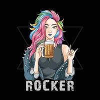 Rock'n'Roll-Mädchen mit bunten Haaren bringt ein Glas Bier vektor