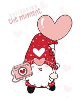 söt glad valentine gnome pojke har kamera och hjärtformade ballonger, samlar ögonblicket, tecknad ritning kontur platt vektor
