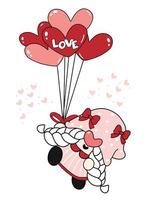 süßes valentine gnome mädchen mit herzform ballons flacher vektor niedlicher cartoon zeichnung umriss