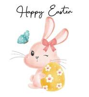süßes Häschen-Kaninchen-Mädchen-Lächeln umarmt Osterei mit Schmetterling, Kinderzimmer-Baby-Cartoon-Aquarellvektor, fröhliche Ostern