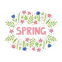 handritad våren bokstäver text med blommor. bokstäver vårsäsong för gratulationskort, inbjudningsmall, affisch och banderoll vektor