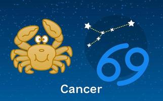 söt tecknad astrologi av cancer zodiaken med konstellationer tecken. vektor illustration på stjärnorna himmel bakgrund