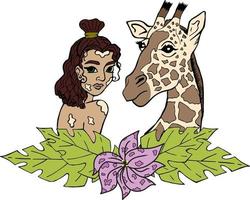 ein Mädchen mit Vitiligo und eine Giraffe in tropischen Blumen vektor