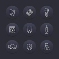 Zahn, Zahnpflegeliniensymbole, Zahnzangen, Zahnpflege, Stomatologie, Zahnpiktogramm, dunkle runde Symbole gesetzt, Vektorillustration vektor