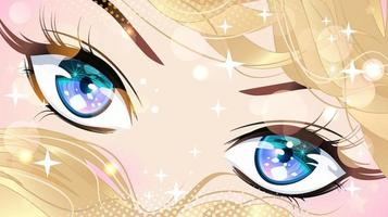 blaue Augen eines Mädchens mit blonden Haaren mit Pailletten im Anime-Stil. vektor