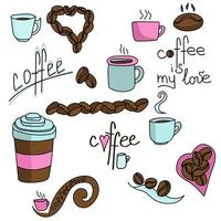 uppsättning färgglada klotter på temat kaffe, kaffe är kärlek, rosa och blå koppar och muggar med en drink tillsammans med temabokstäver, bruna kaffebönor för inredning vektor