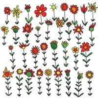 uppsättning anbud kontur blommor i doodle stil, färgglada blommande växter med blad för design vektor