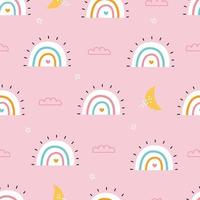 sömlös baby mönster regnbåge med moln på rosa bakgrund, handritad, designad i en tecknad stil. dusat för tryck, dekorativa tapeter, babyklädermotiv, textilier vektor