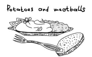 skiss fat av potatis och kött. illustration ny vektor