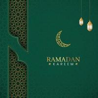 ramadan kareem, islamischer arabischer grüner luxushintergrund mit geometrischem muster und laternen vektor
