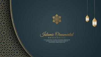 islamischer arabischer blauer luxushintergrund mit geometrischem muster und schöner verzierung mit laternen vektor