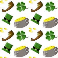 sömlösa mönster av st patrick's day med trollhatt, kruka med guld, trollkängor och klöverbladelement på vit bakgrund. perfekt för tapeter, gratulationskort, presentpapper, tyg vektor