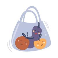 eco canvas väska handritad tecknad vektorillustration. kawaii leende apelsin, äpple och aubergine på naturlig bomullspåse. köp av färsk frukt och grönsaker. textil ekobäck för produkter vektor