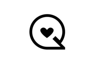 q Liebe Herz Alphabet Buchstaben Symbol Logo mit schwarz-weißer Farbe und Linie. kreatives Design für Unternehmen oder Unternehmen vektor
