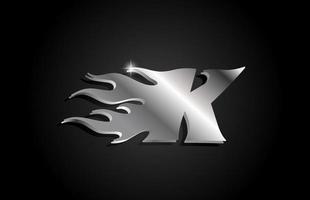metallgraues alphabet buchstabe k symbol logo design. kreative vorlage für unternehmen mit metallischem stil und flammen vektor