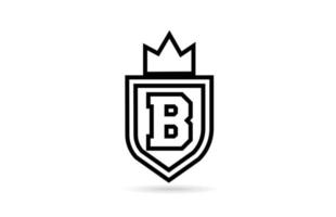 svart och vit b alfabetet bokstavsikon logotyp med sköld och kung krona linje design. kreativ mall för företag och företag vektor