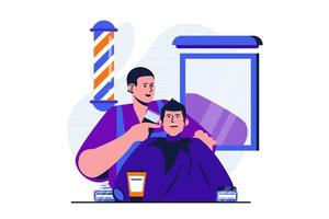 Barbershop modernes flaches Konzept für Web-Banner-Design. professioneller friseur, der einem glücklichen männlichen kunden im studio mit spiegel kurze haare schneidet und stylt. vektorillustration mit lokalisierter menschenszene vektor
