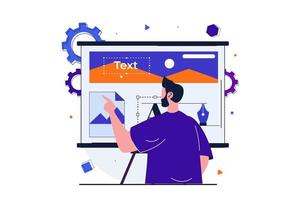Designer Studio modernes flaches Konzept für Web-Banner-Design. Der männliche Entwickler arbeitet am Layout der Website, platziert und optimiert Blöcke mit Bildern und Text. vektorillustration mit lokalisierter personenszene vektor