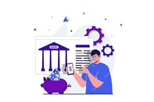 Mobiles Banking modernes flaches Konzept für Web-Banner-Design. der mann nutzt bankdienstleistungen, um das geldbudget zu verwalten und ersparnisse auf dem persönlichen konto anzusammeln. vektorillustration mit lokalisierter personenszene vektor