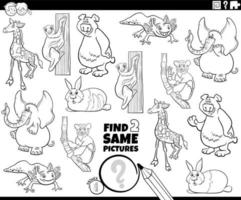 Finden Sie zwei gleiche Cartoon-Tiere-Spiel-Malbuchseiten vektor