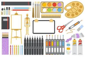 Künstler-Zeichenwerkzeuge in flachem Cartoon-Design. malerinstrumente isolierte elemente. Staffelei, Leinwand, Bleistifte, Farben, Marker, Palette, Schere, Notizblock, Schreibwaren und andere. Vektor-Illustration vektor