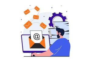 E-Mail-Service modernes flaches Konzept für Web-Banner-Design. Mann liest und antwortet auf eingehende Briefe, während er am Computer sitzt. Online-Korrespondenz. vektorillustration mit lokalisierter personenszene vektor