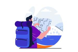 reisendes modernes flaches konzept für web-banner-design. männlicher tourist mit rucksack, der karte mit trekkingroute, wandern und campingruhe im freien betrachtet. vektorillustration mit lokalisierter personenszene vektor