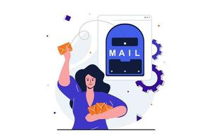 e-posttjänst modernt platt koncept för webbbannerdesign. kvinnlig marknadsförare gör massreklam eller informationsutskick och skickar kuvert till brevlådan. vektor illustration med isolerade människor scen
