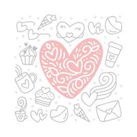 älskar vintage hjärta i mitten med doodle vektorelement. handritad valentine affisch kuvert tårta, cup. romantisk illustration citat gratulationskort mall vektor