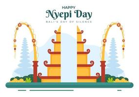 glad nyepi-dag eller balis tystnad till hinduiska ceremonier i bakgrunden av templet eller pura-illustration lämplig för affisch vektor