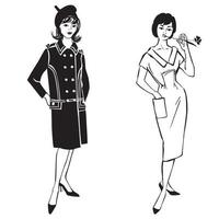 snygg tyg kvinna. mode flicka set 1960-tal stil retro klänning fest vektor