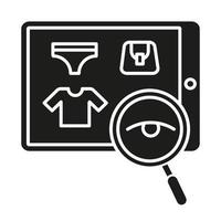 Suchprodukt-Glyphen-Symbol. Kunde, der Einkäufe im Internetshop tätigt. Suche nach Waren im Online-Shop. Konsum und Ware. Silhouettensymbol. negativer Raum. vektor isolierte illustration